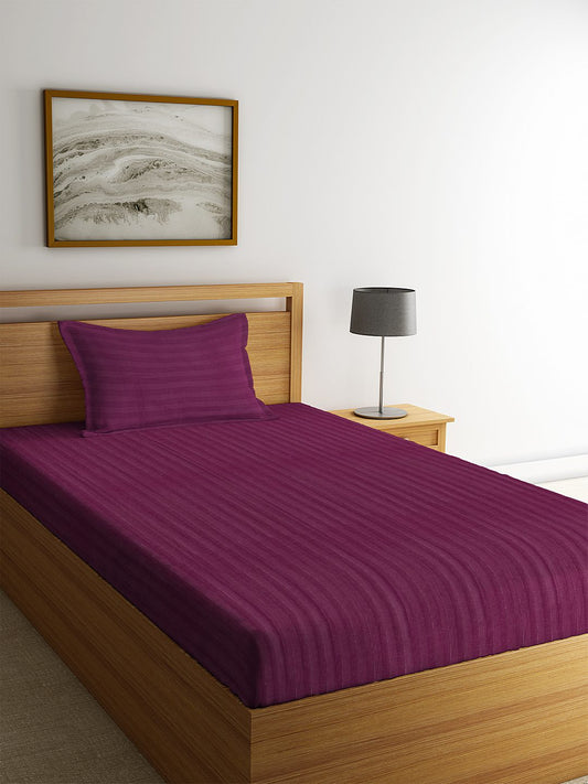HOSTA HOMES Purple Striped 300 TC Cotton Bedsheet with Pillow Covers - Single Size image