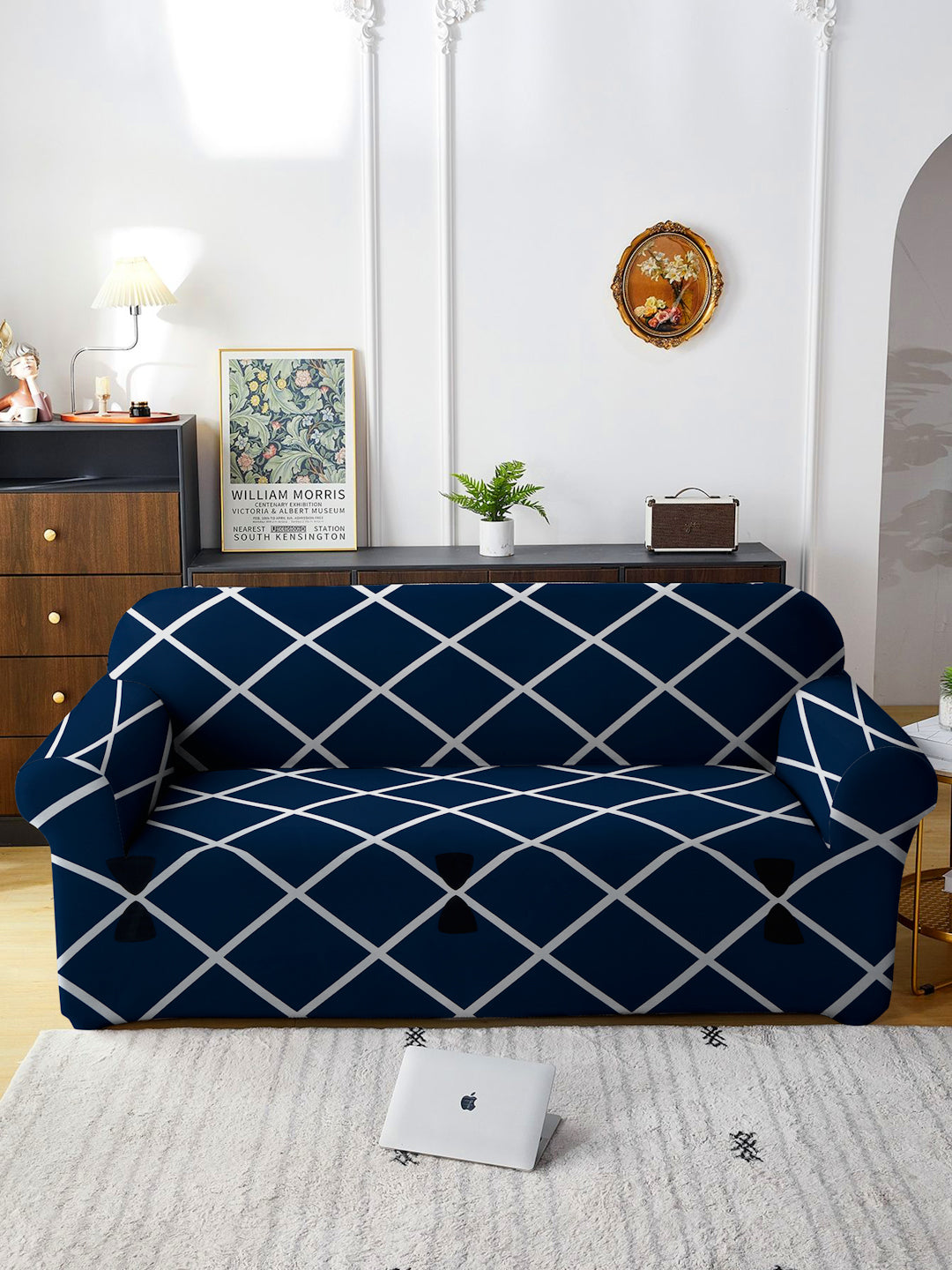 Blue & White Printed 3-Seater Stretchable Sofa Cover with Arms image 0