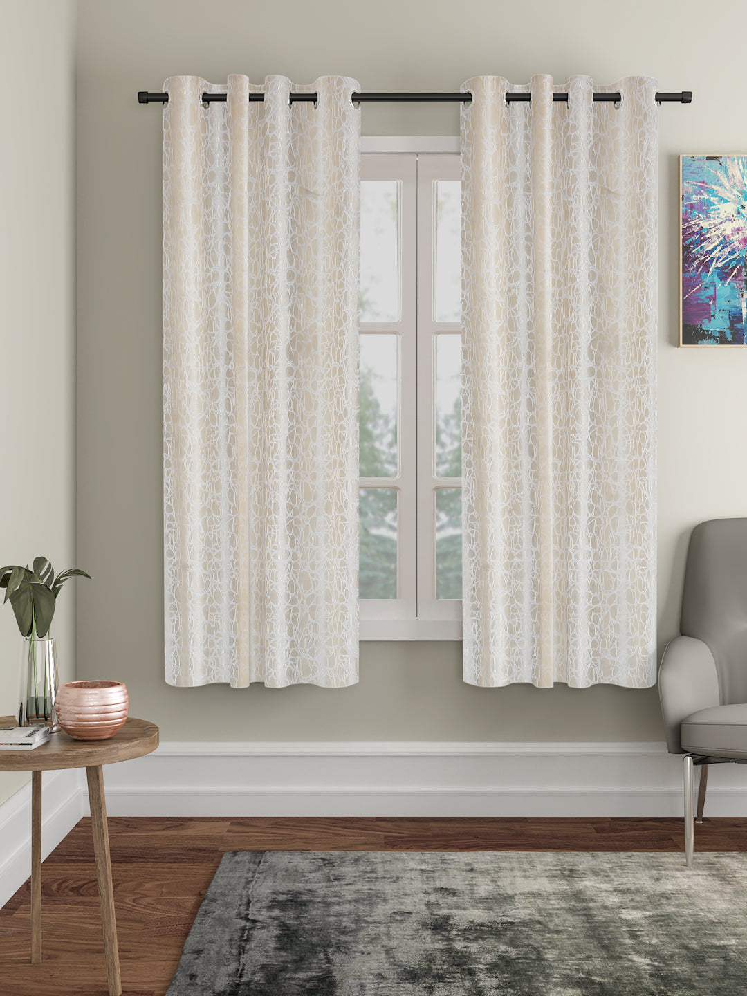 Self-Textured Geometric Pattern Polyester Curtains - Window & Door Size - 5x4, Pack of 2 image