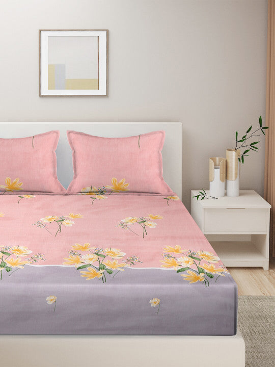 Pink Floral Pure Cotton 280 TC Fitted King Fine Bedsheet with 2 Pillow Covers-100 x 108 inches