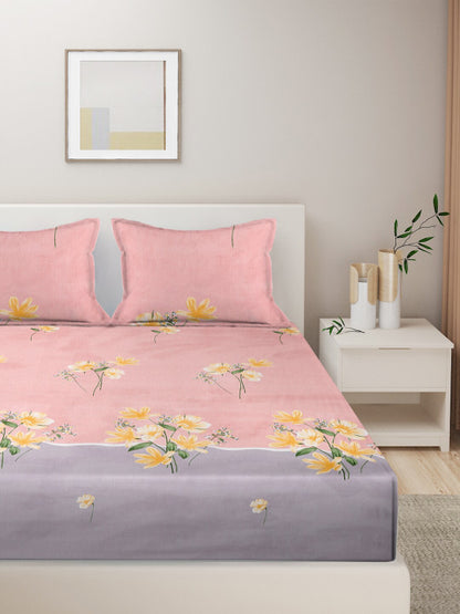 Pink Floral Pure Cotton 280 TC Fitted King Fine Bedsheet with 2 Pillow Covers-100 x 108 inches