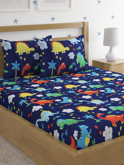 Hosta Homes Dino World Multicolored Kids Bed Sheet With Pillow Covers image 0