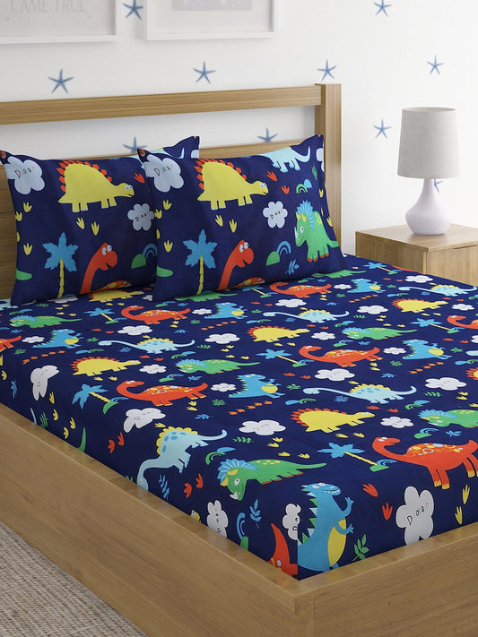Hosta Homes Dino World Multicolored Kids Bed Sheet With Pillow Covers image 0