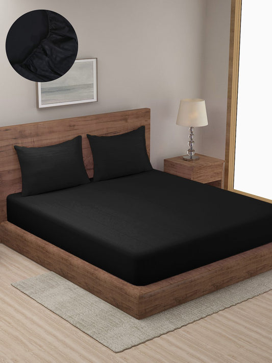 HOSTA HOMES Black Striped 300 TC Cotton Fitted Bedsheet with Pillow Covers image 0