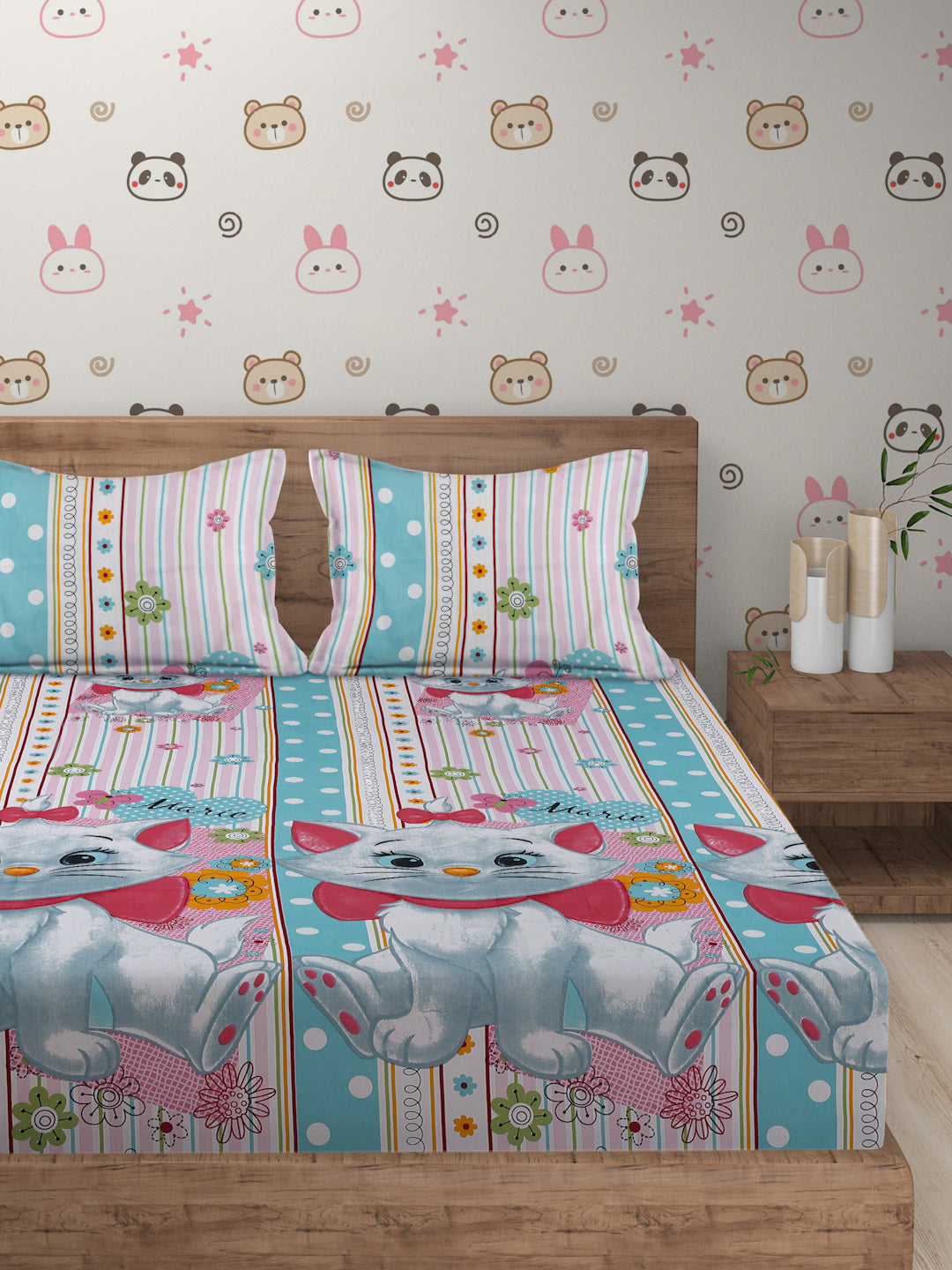 Hosta Homes Kitty Printed Multicolored Kids Bedsheet With Pillow Covers image 1