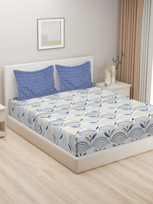 White & Blue Floral 280 TC King Pure Cotton Bedsheet with 2 Pillow Covers