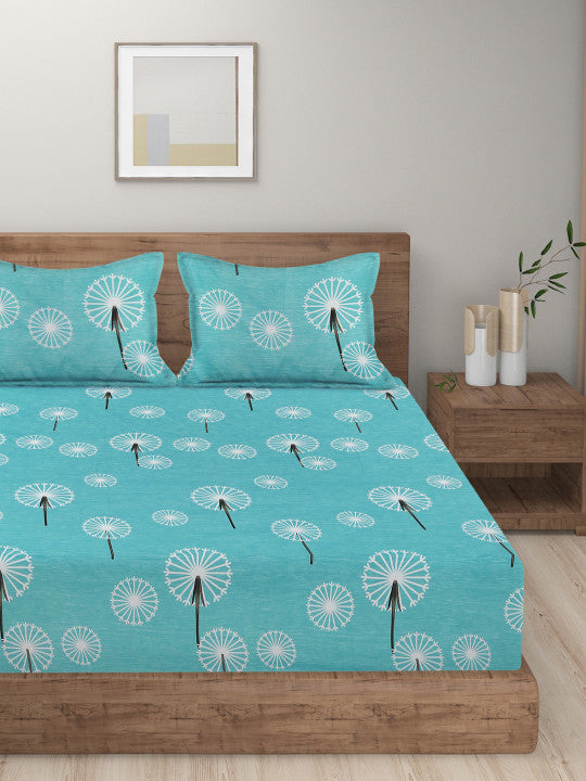Blue Floral Polycotton 300 TC King Fine Bedsheet with 2 Pillow Covers-108 x 108 inches