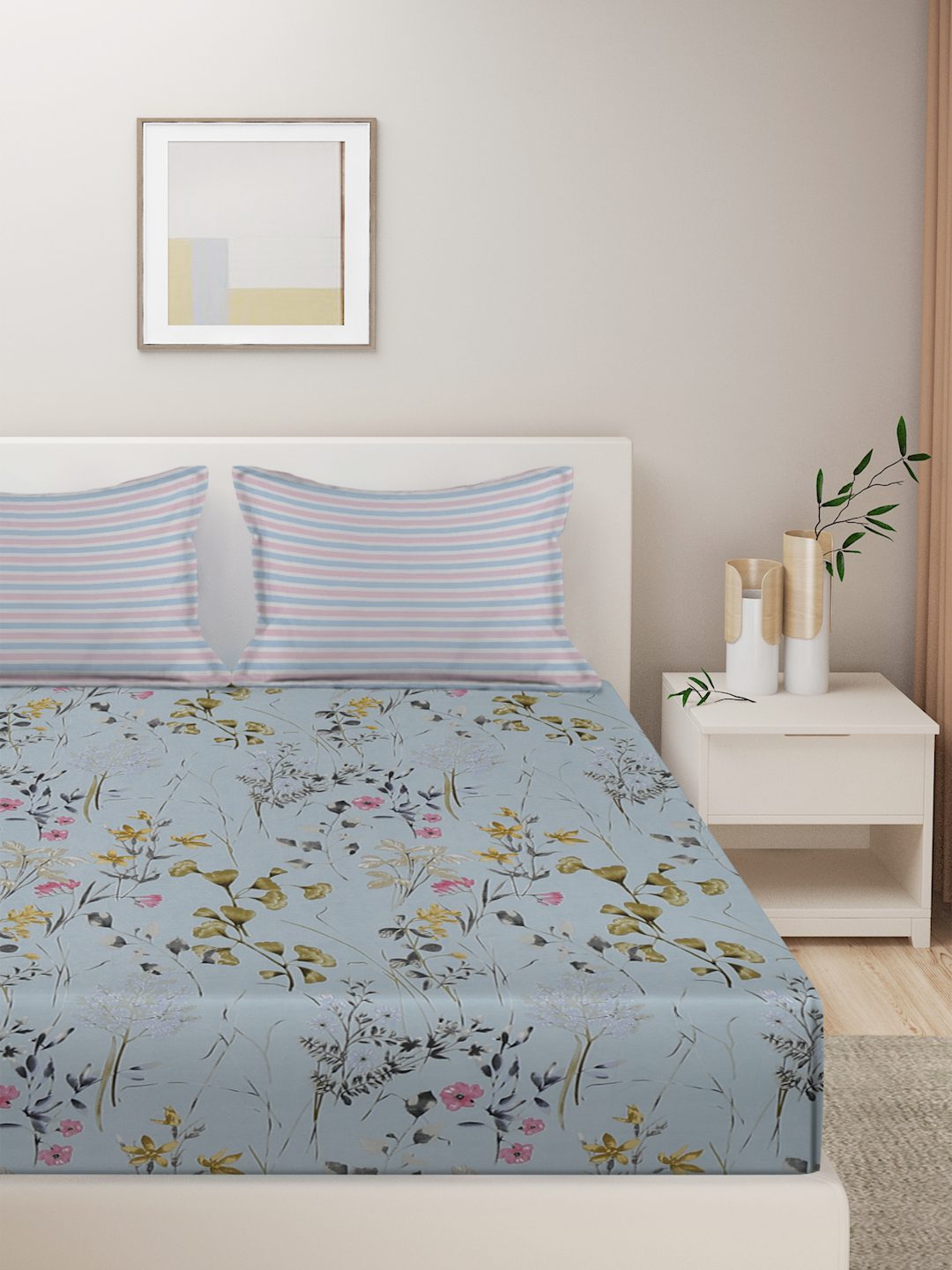 Hosta Homes Floral Design Multicolored Bed Sheet With Pillow Covers image 1