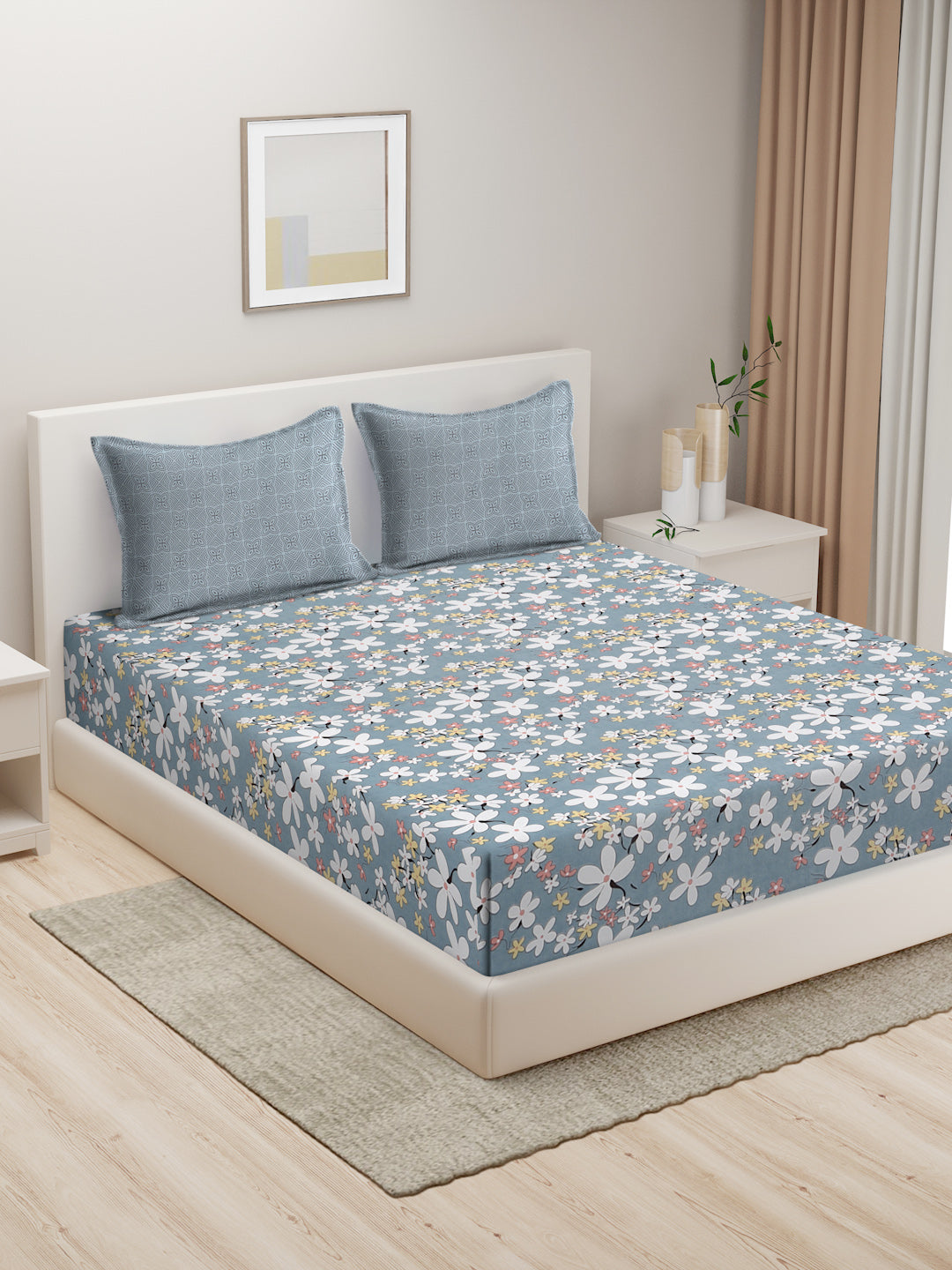 Hosta Homes Floral Design Multicolored Bed Sheet With Pillow Covers - King Size image