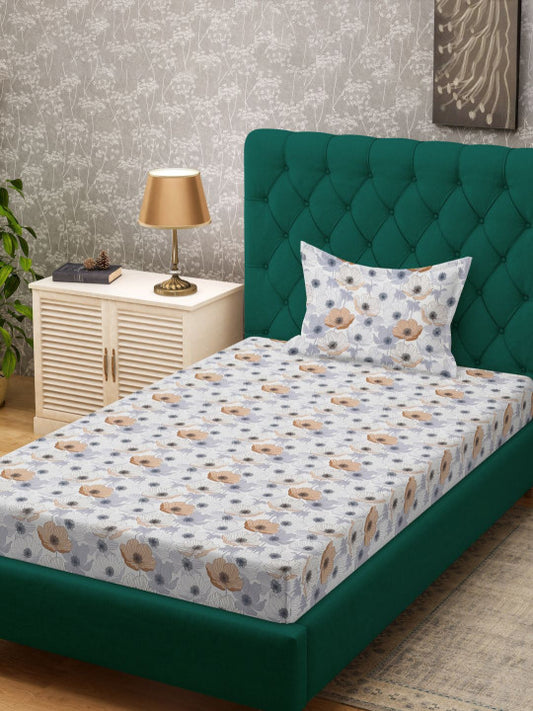 Off White & Grey Floral Printed 280 TC Single Bedsheet Set-1.52 m x 2.28 m