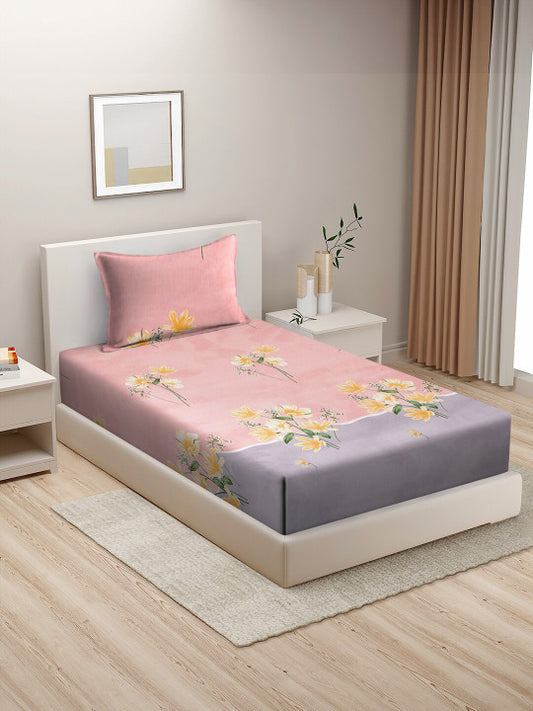 Pink Floral Cotton 210 TC Single Fine Bedsheet with a Pillow Cover-600 x 90 inches