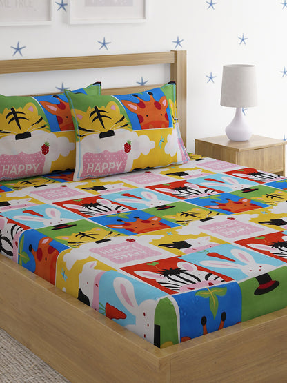 Hosta Homes Jungle Buddies Multicolored Bed Sheet With Pillow Covers - Queen Size image