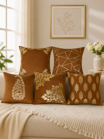 Premium Velvet Foil Printed Cushion Covers Pack of 5 | 16 x 16 Inch