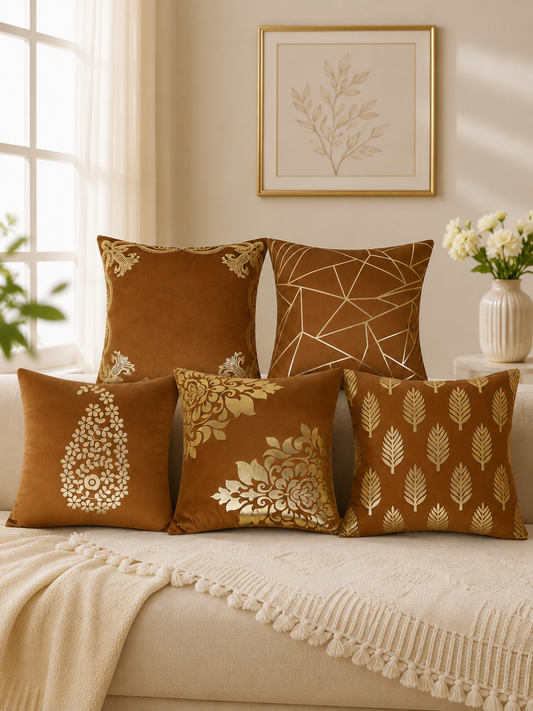 Premium Velvet Foil Printed Cushion Covers Pack of 5 | 16 x 16 Inch