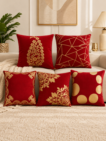 Premium Velvet Foil Printed Cushion Covers Pack of 5 | 16 x 16 Inch