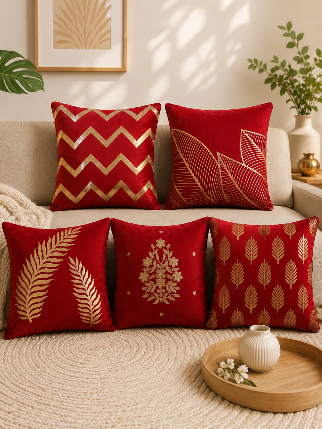 Premium Velvet Foil Printed Cushion Covers Pack of 5 | 16 x 16 Inch