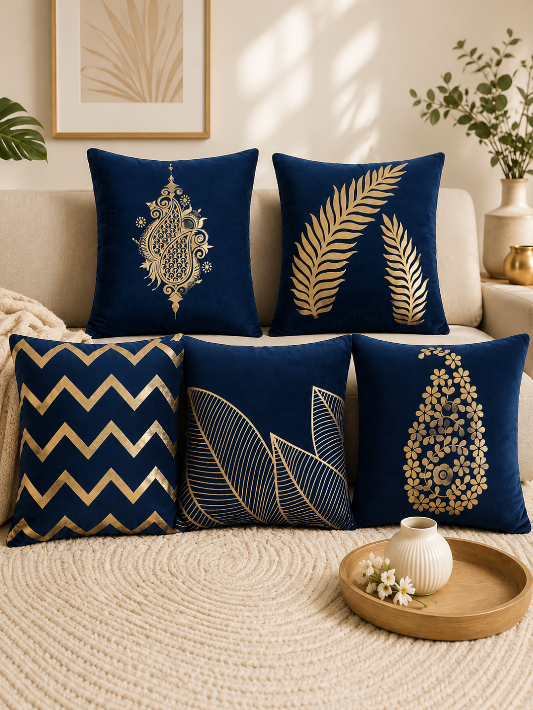 Premium Velvet Foil Printed Cushion Covers Pack of 5 | 16 x 16 Inch