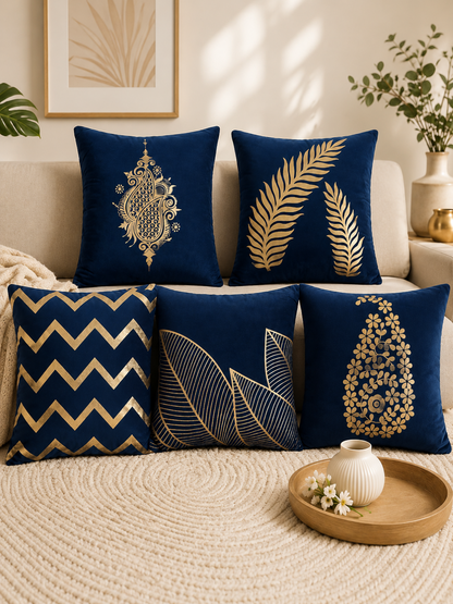 Premium Velvet Foil Printed Cushion Covers Pack of 5 | 16 x 16 Inch