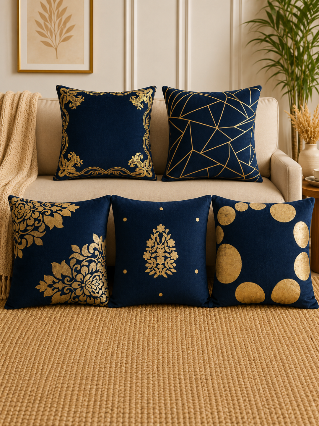 Premium Velvet Foil Printed Cushion Covers Pack of 5 | 16 x 16 Inch
