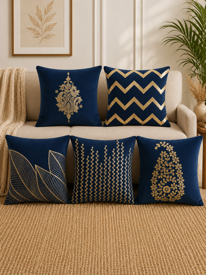Premium Velvet Foil Printed Cushion Covers Pack of 5 | 16 x 16 Inch