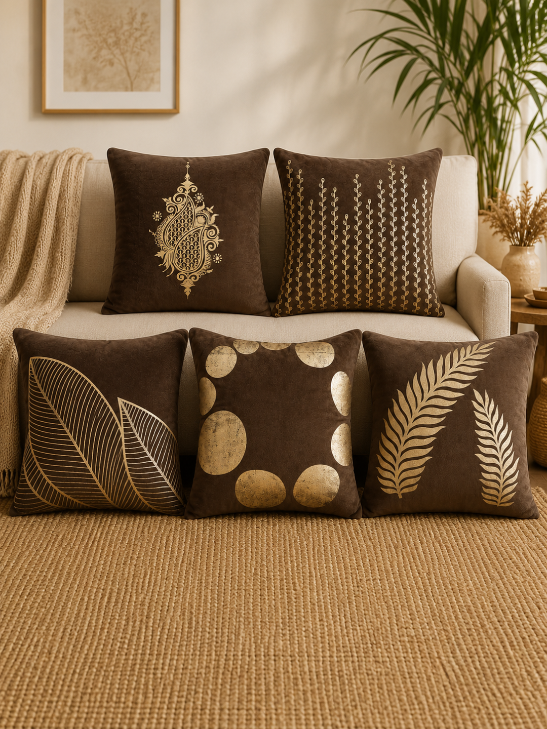 Premium Velvet Foil Printed Cushion Covers Pack of 5 | 16 x 16 Inch