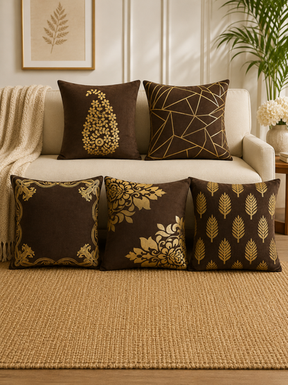 Premium Velvet Foil Printed Cushion Covers Pack of 5 | 16 x 16 Inch