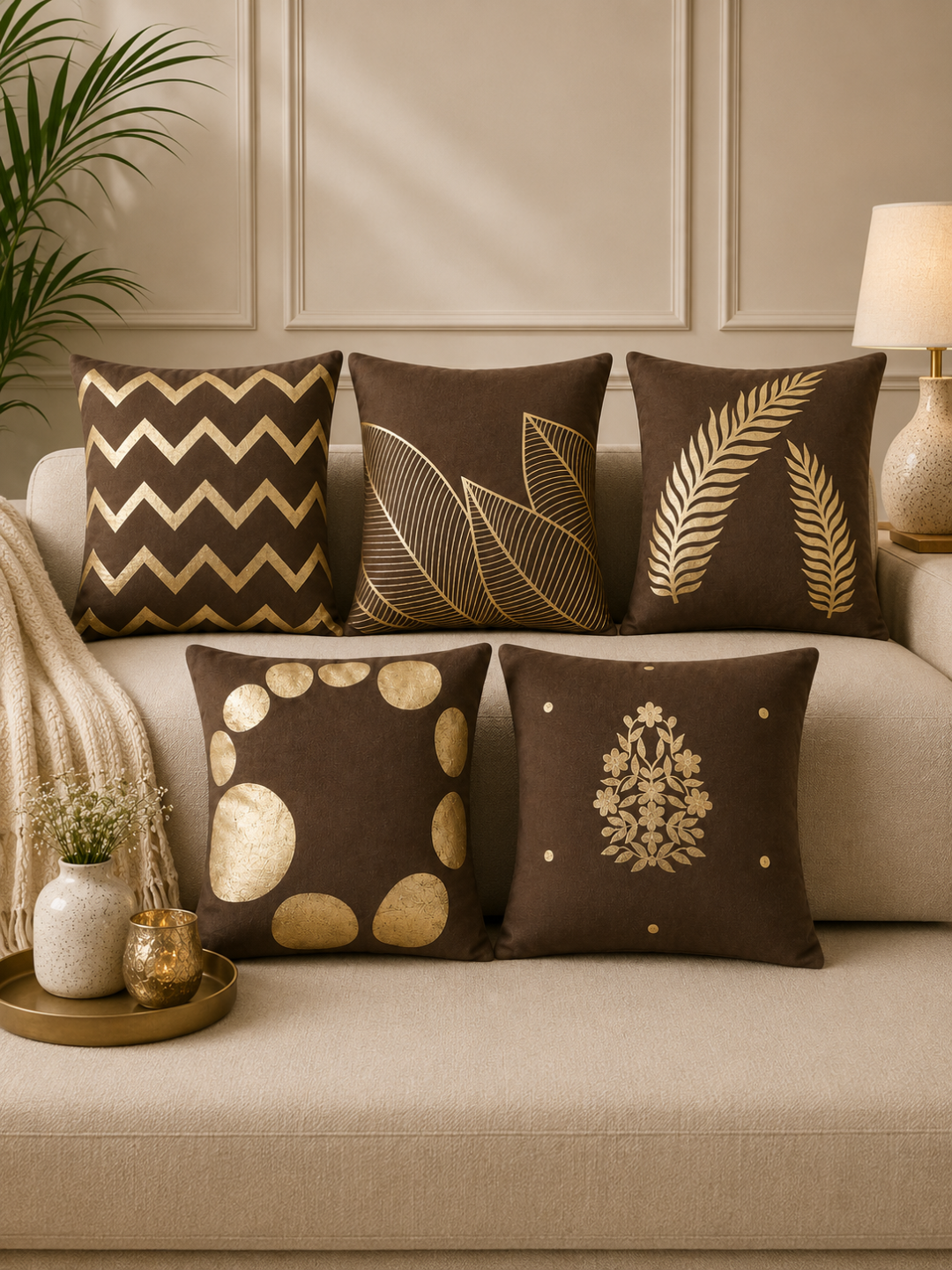 Premium Velvet Foil Printed Cushion Covers Pack of 5 | 16 x 16 Inch