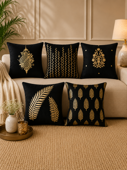 Premium Velvet Foil Printed Cushion Covers Pack of 5 | 16 x 16 Inch