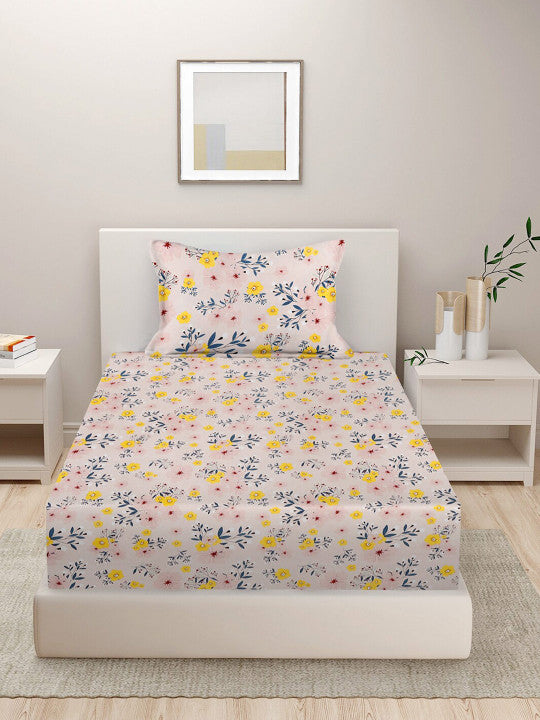 Pink Floral Cotton 210 TC Single Fine Bedsheet with a Pillow Cover-60 x 90 inches