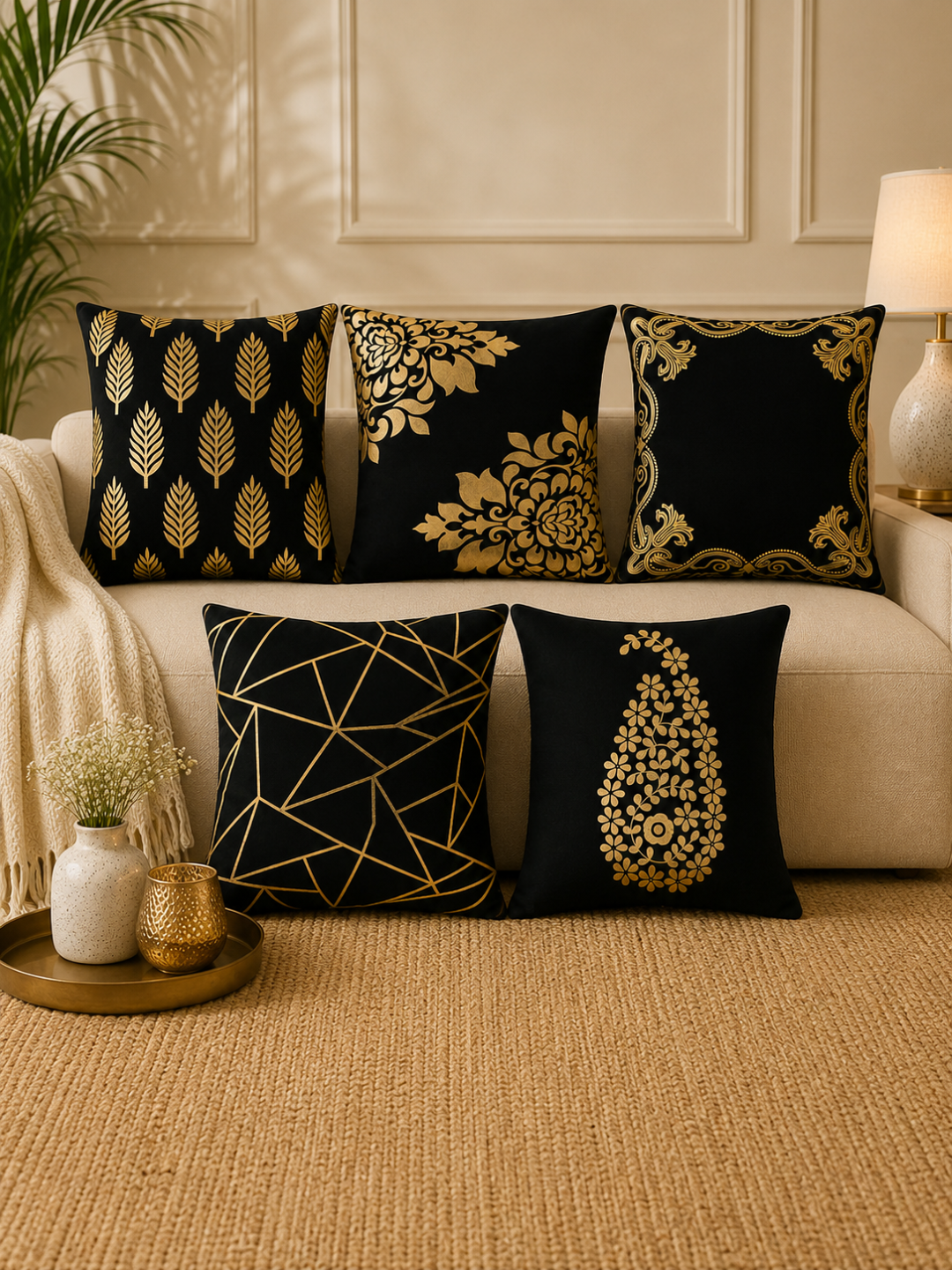 Premium Velvet Foil Printed Cushion Covers Pack of 5 | 16 x 16 Inch
