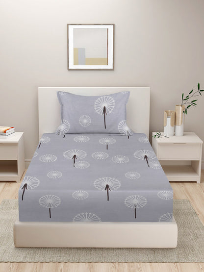 Grey & White 210 TC Cotton Flat Single Bedsheet With 1 Pillow Cover