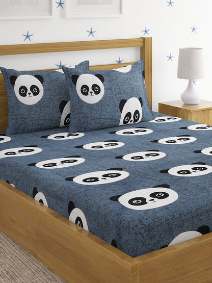 Hosta Homes Panda Cartoon Printed Kids Bed Sheet With Pillow Covers - Queen Size image