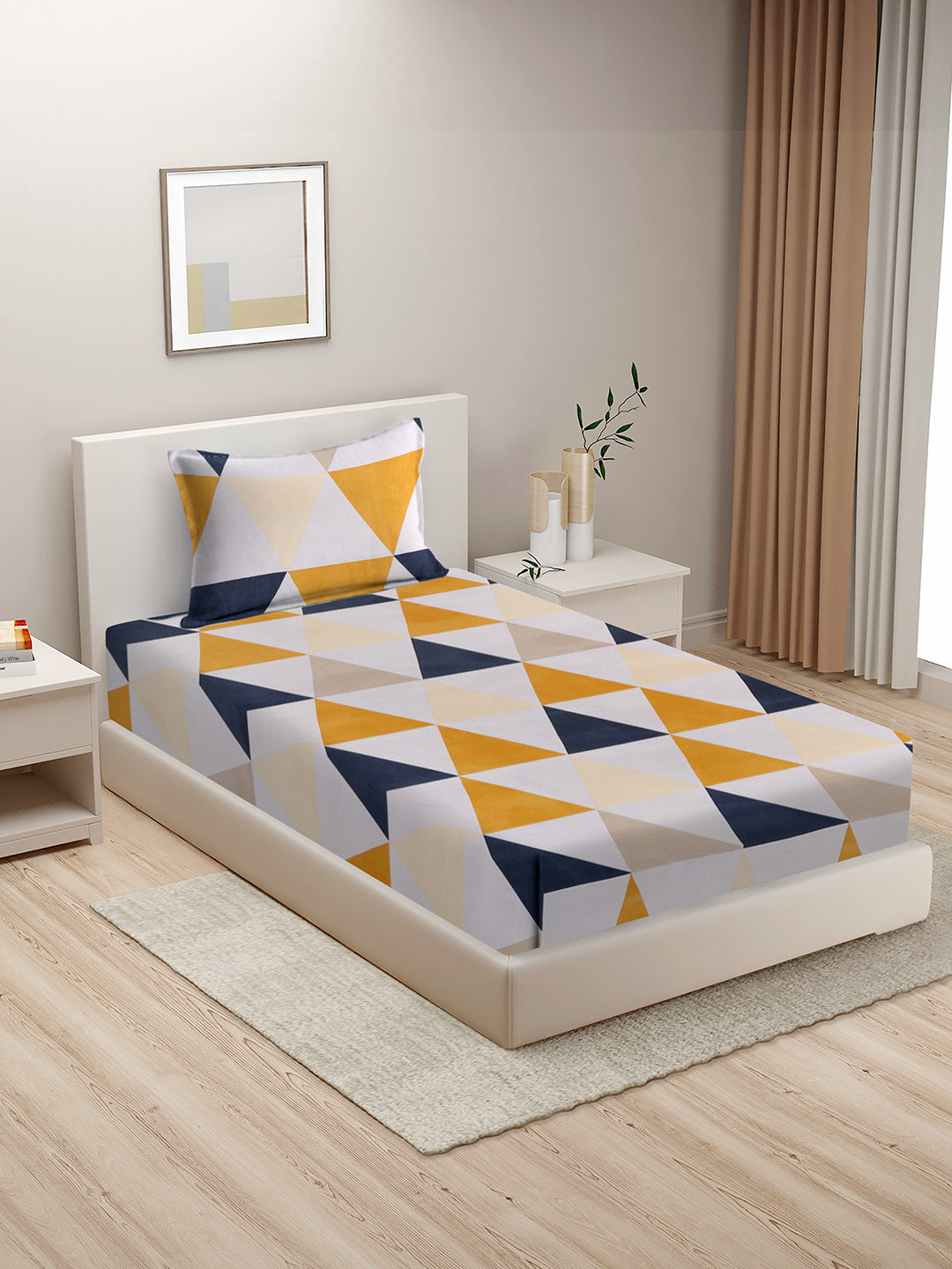 Hosta Homes Geometric Design Multicolored Bed Sheet With Pillow Covers - Single Size image