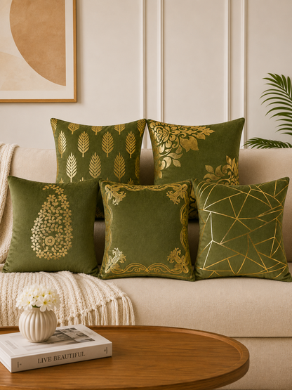 Premium Velvet Foil Printed Cushion Covers Pack of 5 | 16 x 16 Inch