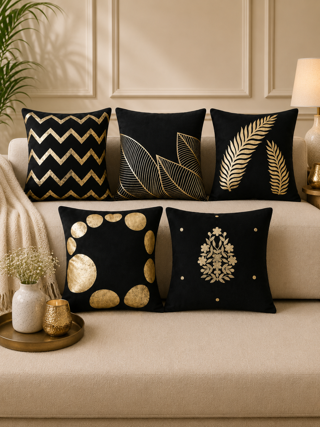 Premium Velvet Foil Printed Cushion Covers Pack of 5 | 16 x 16 Inch