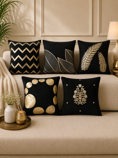 Premium Velvet Foil Printed Cushion Covers Pack of 5 | 16 x 16 Inch