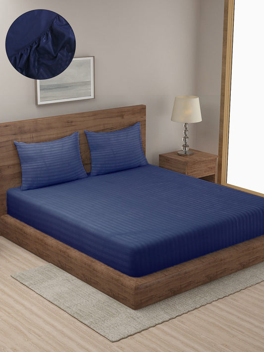 HOSTA HOMES Blue Striped 300 TC Cotton Fitted Bedsheet with Pillow Covers image 0