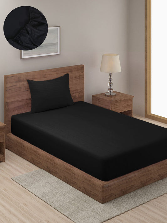 HOSTA HOMES Black Striped 300 TC Cotton Fitted Bedsheet with Pillow Covers - Single Size image