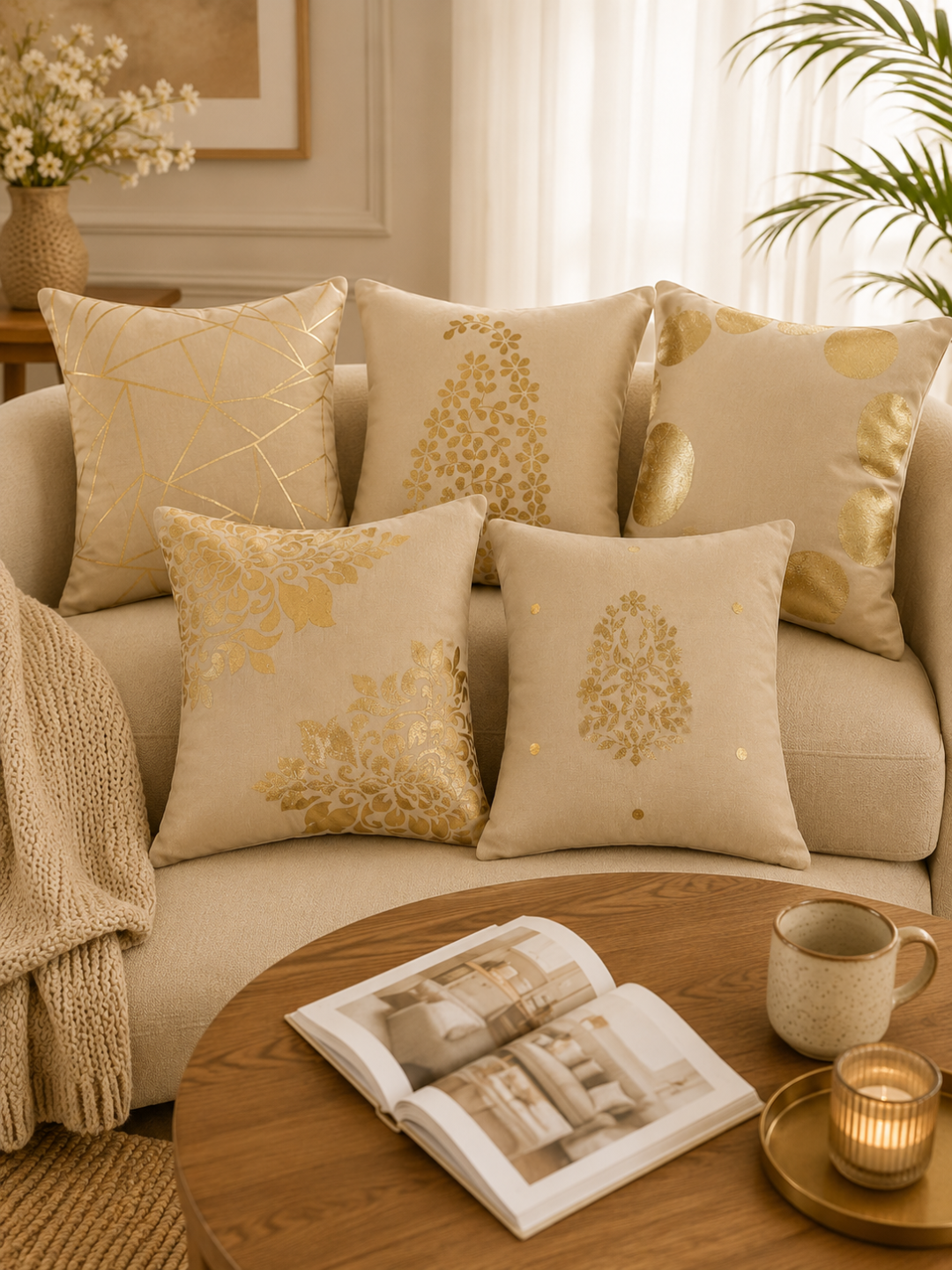 Premium Velvet Foil Printed Cushion Covers Pack of 5 | 16 x 16 Inch