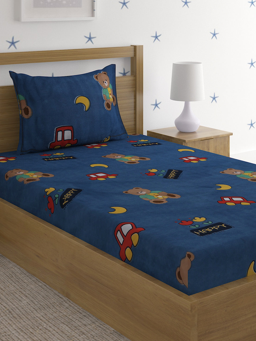Hosta Homes Happy Teddy Multicolored Kids Bed Sheet With Pillow Covers - Single Size image