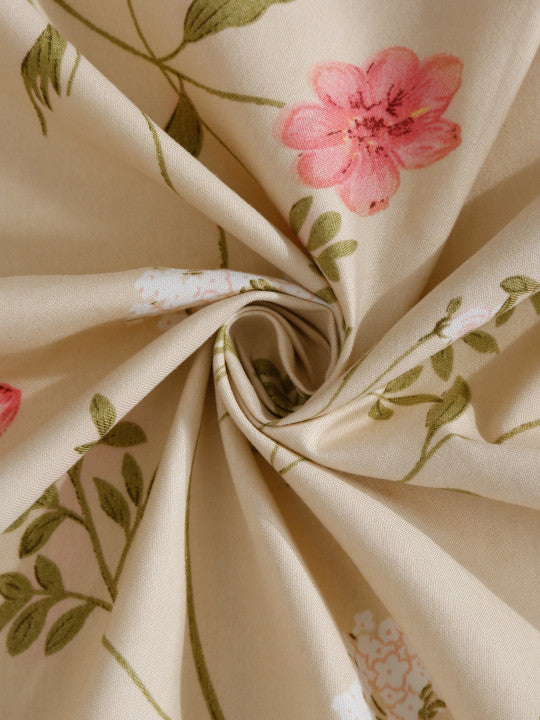 Beige Floral Polycotton 300 TC King Fine Bedsheet with 2 Pillow Covers-108 x 108 inches