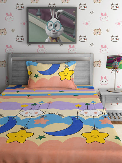 Hosta Homes Smiley Star Cloud Printed Multicolored Bedsheet With Pillow Cover image 1