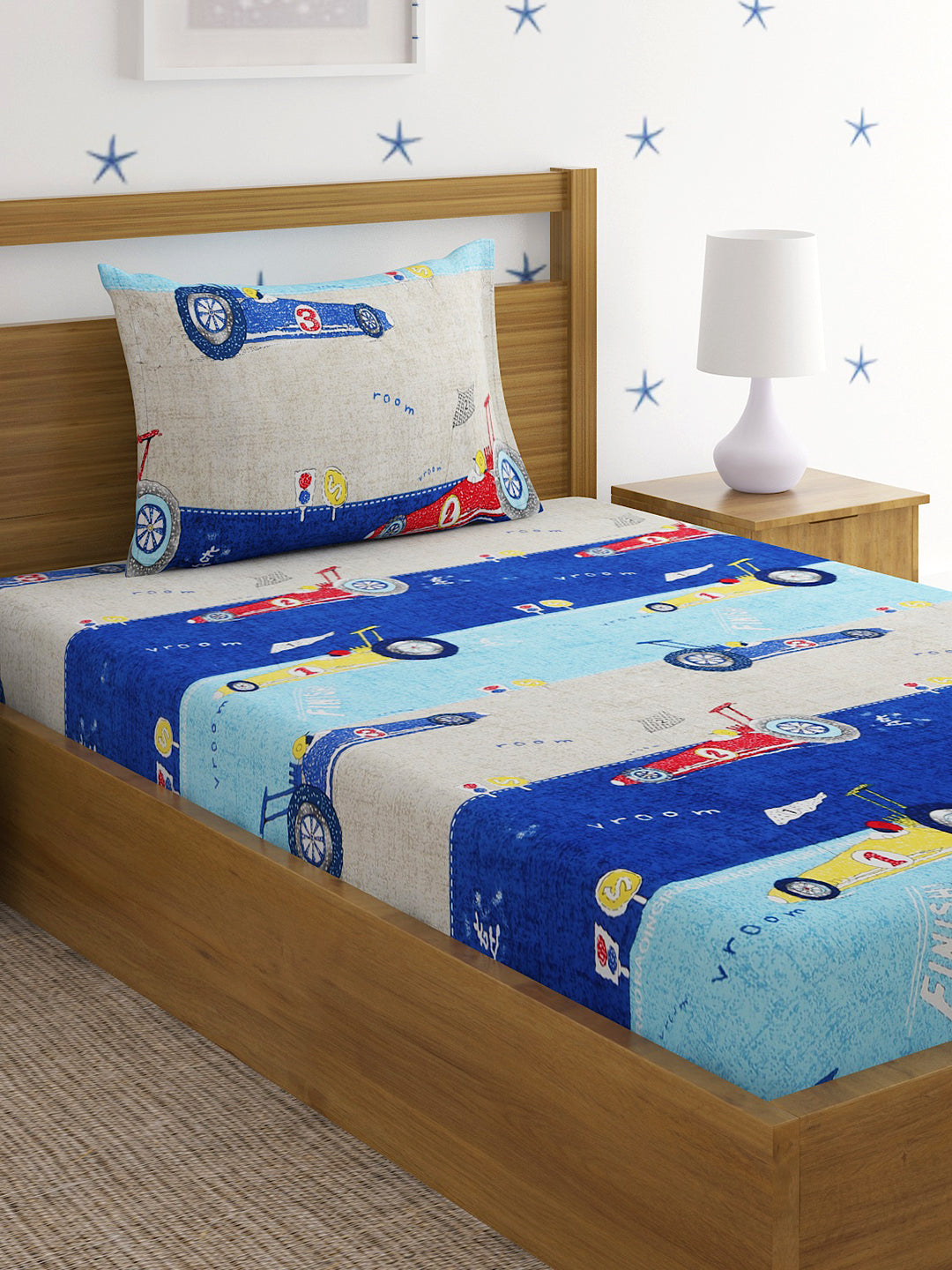 Hosta Homes Racing Car Multicolored Kids Bed Sheet With Pillow Covers - Single Size image