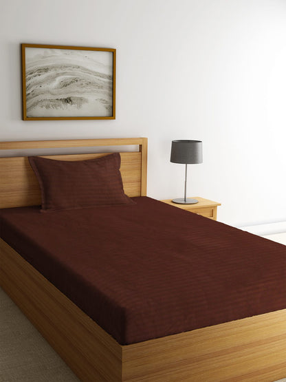 HOSTA HOMES Brown Striped 300TC Bedsheet With Pillow Covers - Single Size image