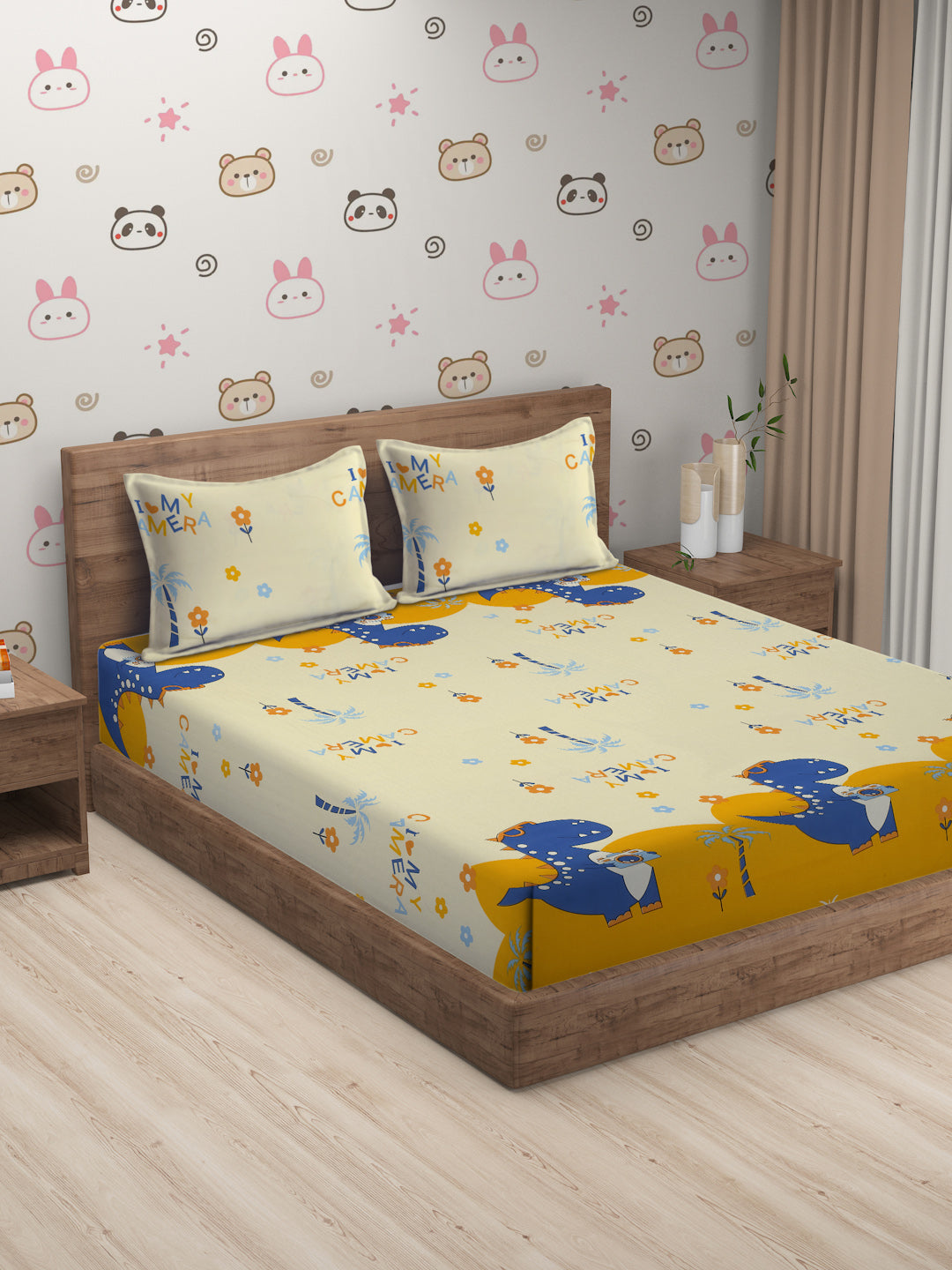 Hosta Homes Dinosaur's Camera Multicolored Kids Bedsheet With Pillow Covers image 0