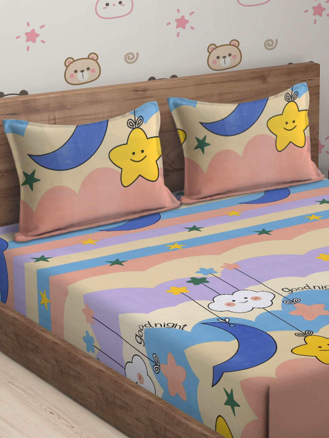 Hosta Homes Smiley Star Cloud Printed Multicolored Bedsheet With Pillow Covers image 2