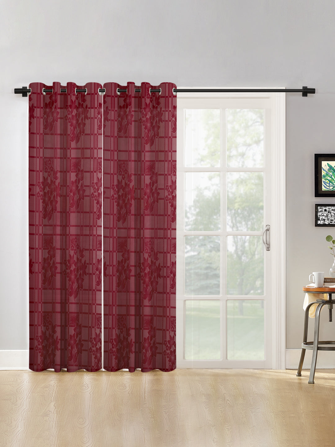 Checkered Floral Design XL Door Curtain Pack of 2 image 0
