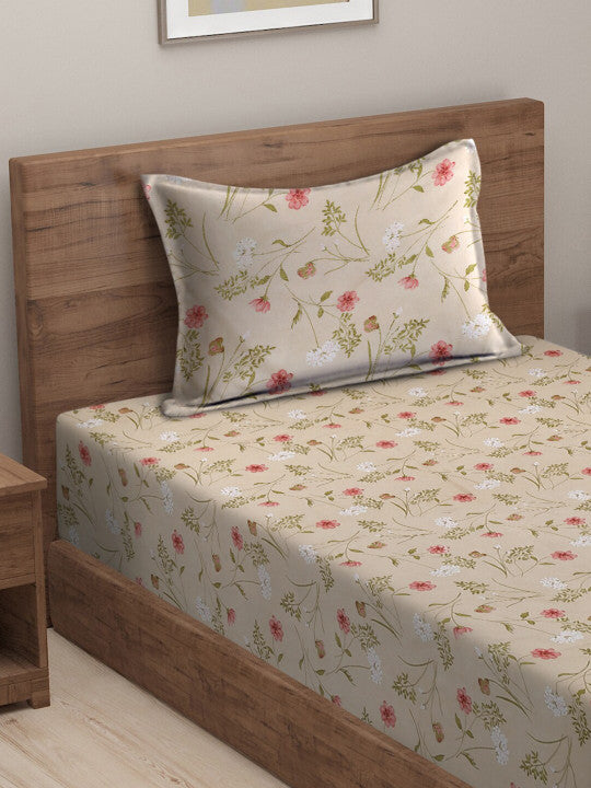 Pink Floral Cotton 210 TC Single Fine Bedsheet with a Pillow Cover-90 x 60 inches