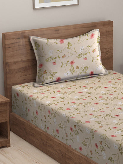 Pink Floral Cotton 210 TC Single Fine Bedsheet with a Pillow Cover-90 x 60 inches