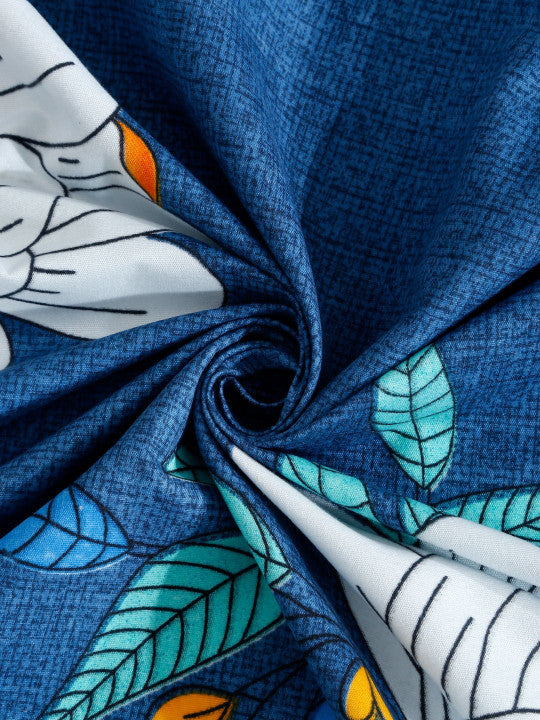 Blue Floral Cotton 280 TC Queen Fine Bedsheet with 2 Pillow Covers-90 x 100 inches